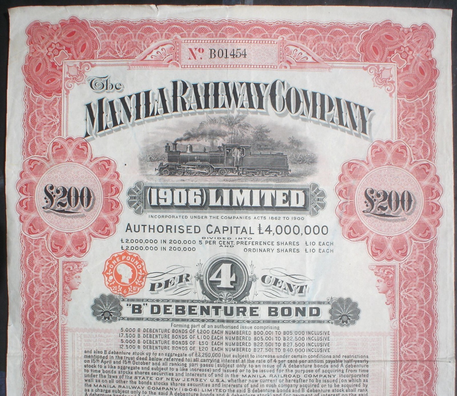 Manila Railway Comp. 200 P. Sterling 4% Bond, 1909 uncancelled + coupons