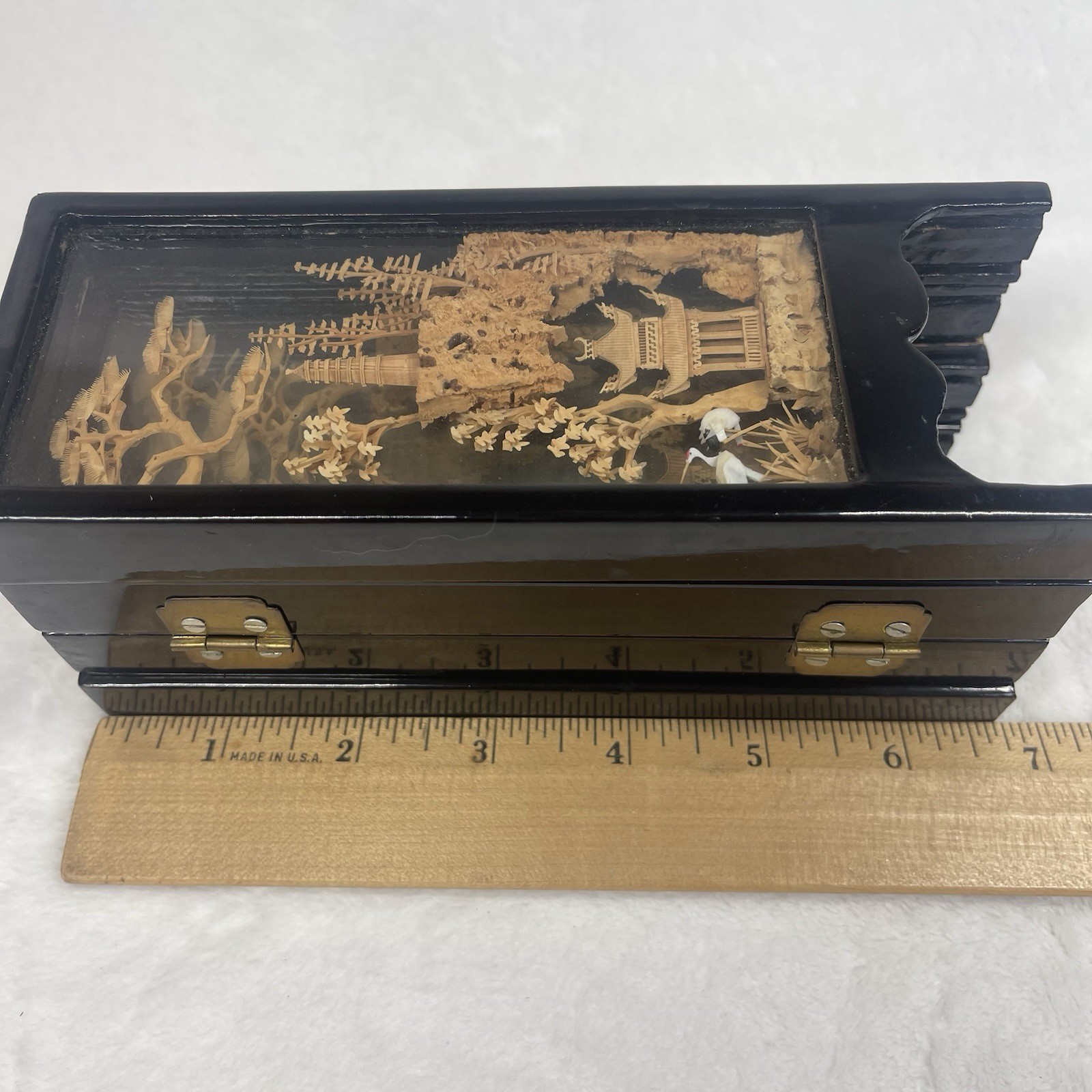 Vintage Chinese Cork Diorama Folding Screen Double Glass Lacquer Wood 4 Panel