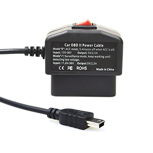 Universal OBD OBD2 Power Cable for Dash Camera 24 Hours 1 Black