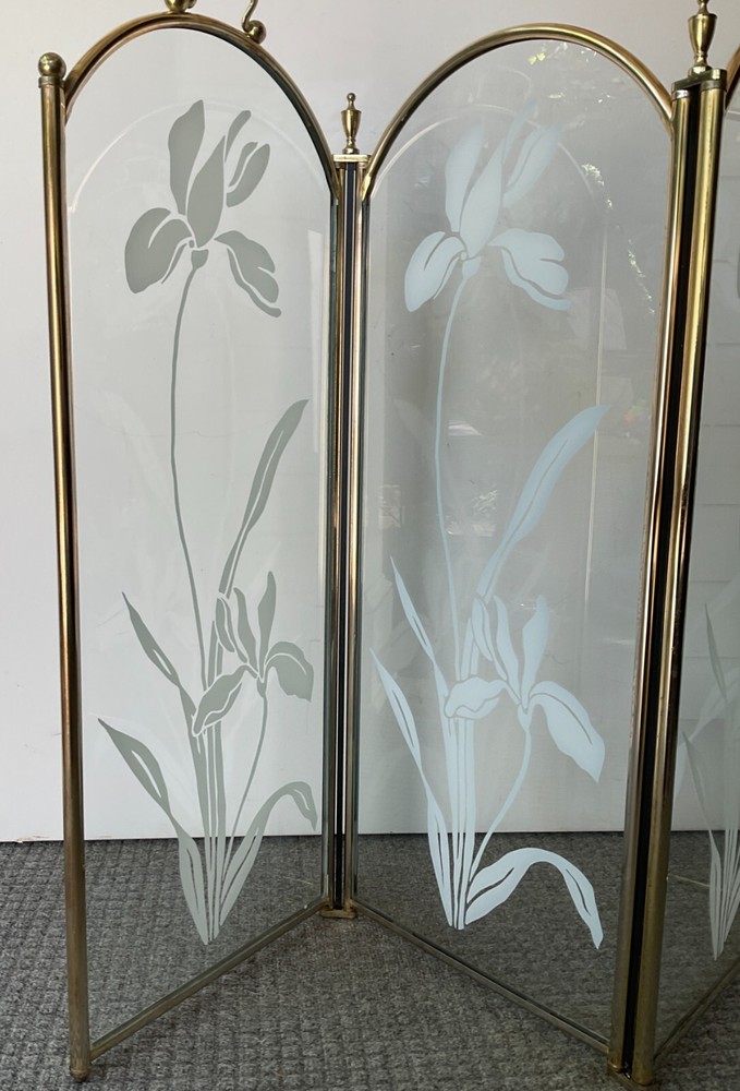 Etched Glass and Brass Fireplace Screen Post-Modern 80's Vintage