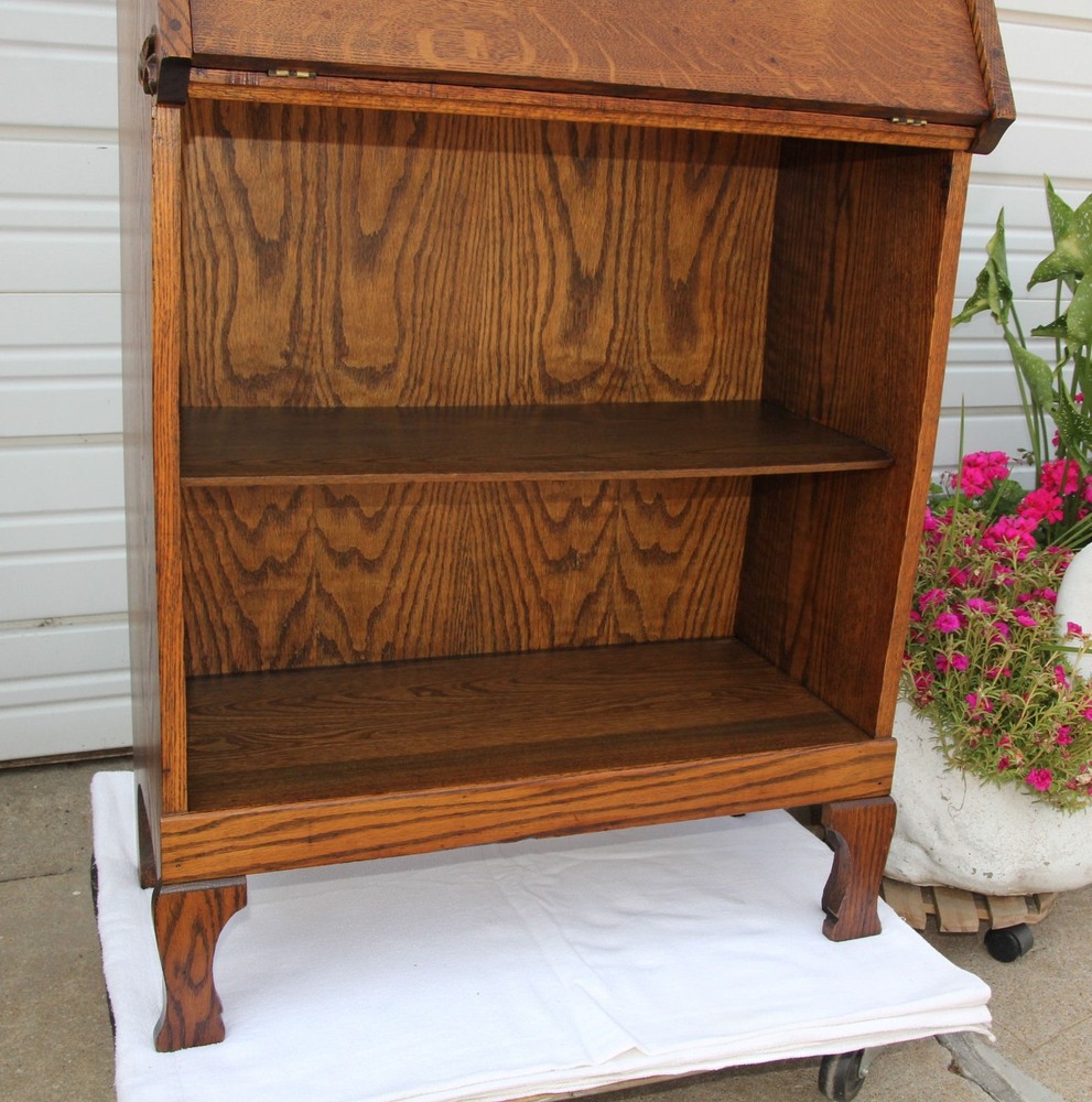 Antique Oak Drop Front Desk w Extra Top Shelf & Applied Leaf Cornucopia Carvings