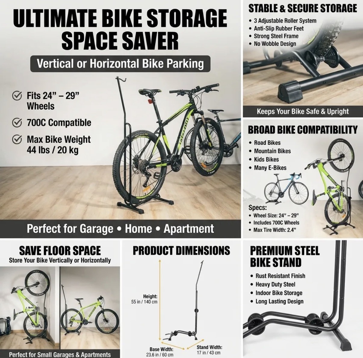 CyclingDeal Steel Bike Stand Vertical & Horizontal Storage 24"-29" Wheels 44 lbs