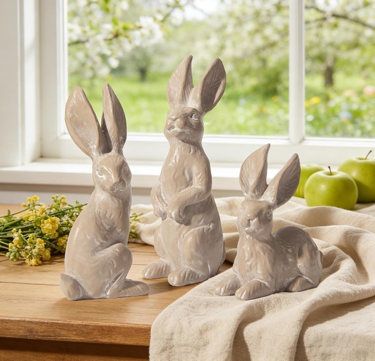 Easter Decorations Bunny Figurines Set of 3 - Rabbit Statues Farmhouse Spring Ho