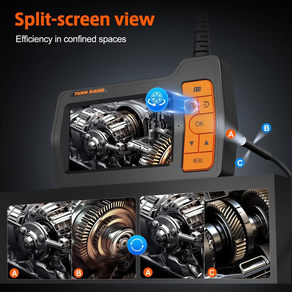 Triple Lens Inspection Drain Camera, 5 IPS Split Screen Borescope with Light & 3