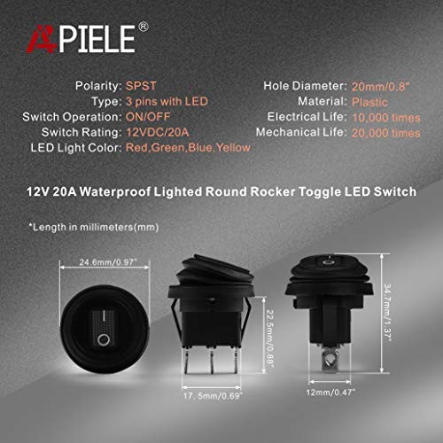 Waterproof Round Rocker Toggle Switch 2 Position DC 12V 20A ON Multicolored