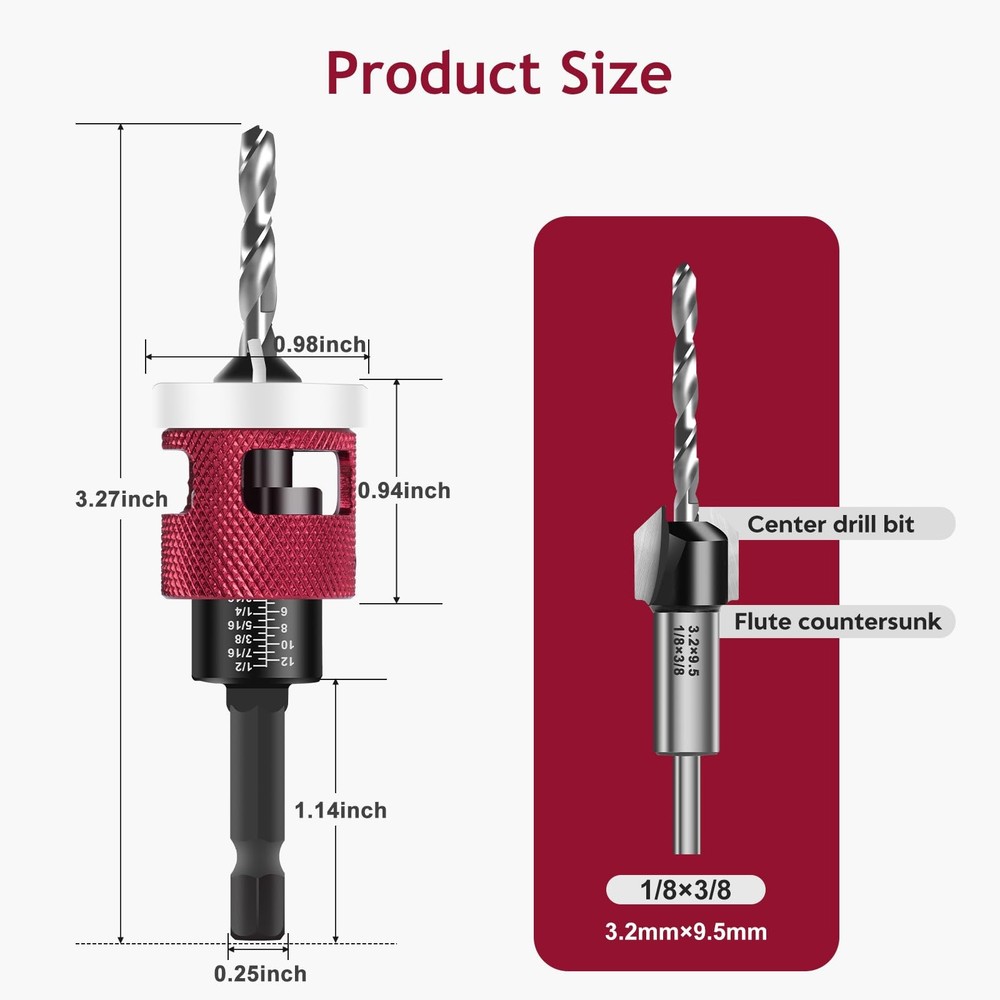 1 Pcs Countersink Drill Bit Set with Low Friction Depth Stop, 1pcs/set, Red