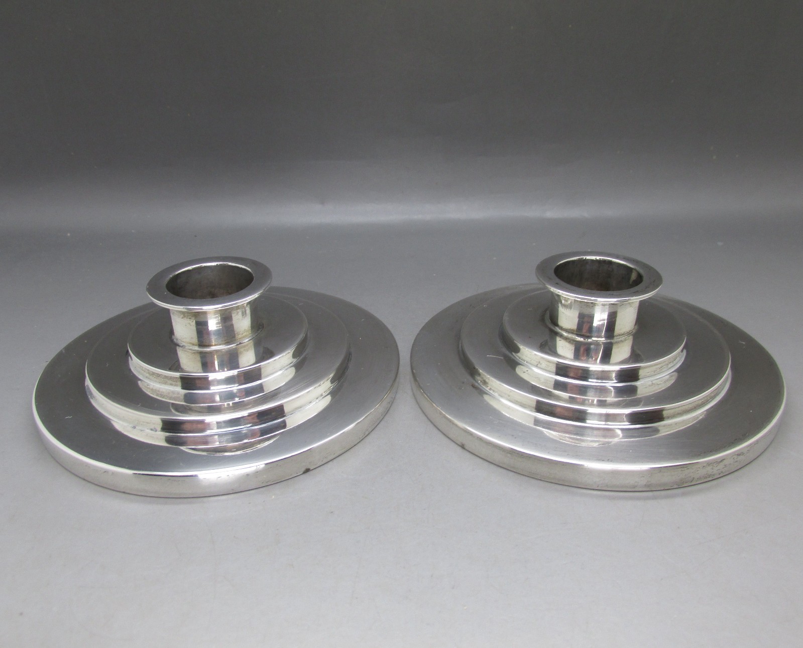 ART DECO SUPERB PAIR SOLID SILVER INTERIOR DESIGN CANDLESTICKS 312g DENMARK 1935