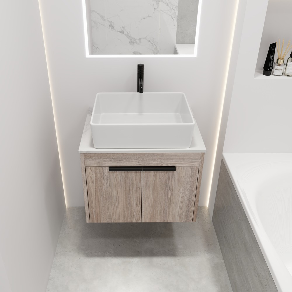 24"Modern Wood Floating Wall Mounted Bathroom Vanity +Ceramic Rectangular Basin