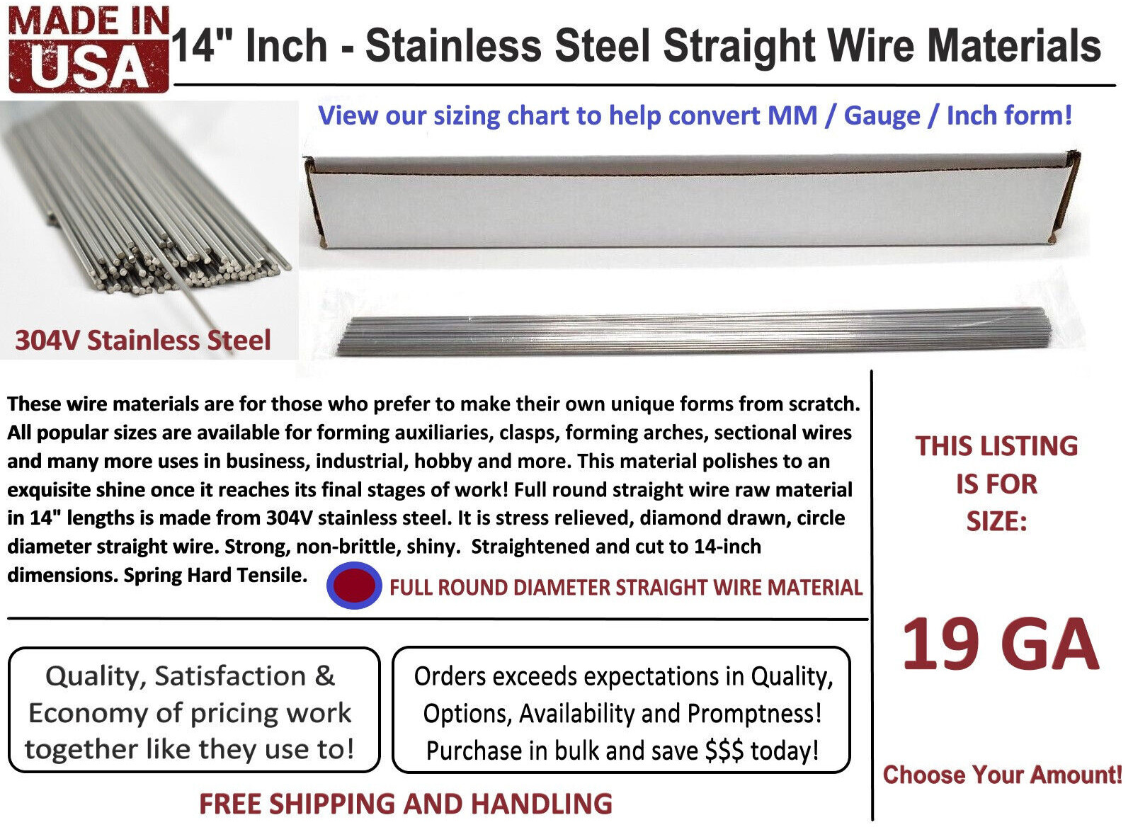 100 Dental Lab 19 Gauge Full Round Clasp Wire 14" Straight 304V Stainless Steel