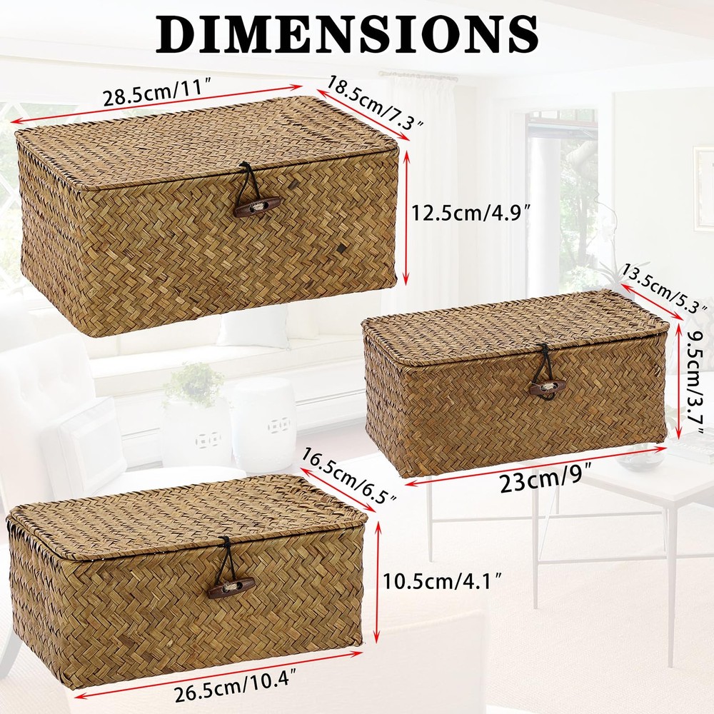 3 Set Caramel Rectangular Wicker Baskets, Lid, Seagrass, Decorative Bins