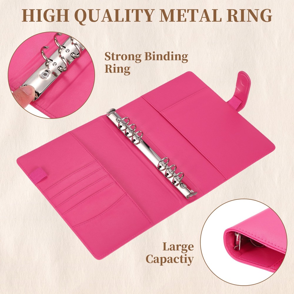 A5 PU Leather Binder Protector, 6 Ring Loose Leaf Notebook Shell, Rose Red