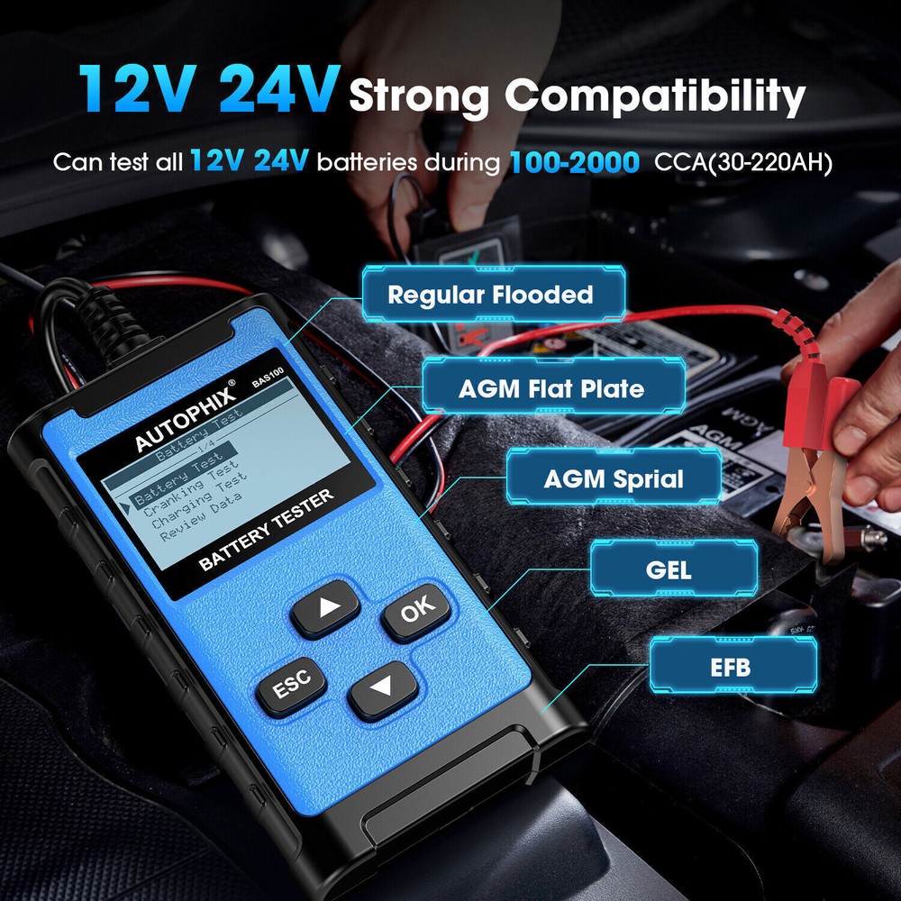 AUTOPHIX BAS100 12V 100-2000 CCA Car Battery Load Tester Tool Digital Analyzer