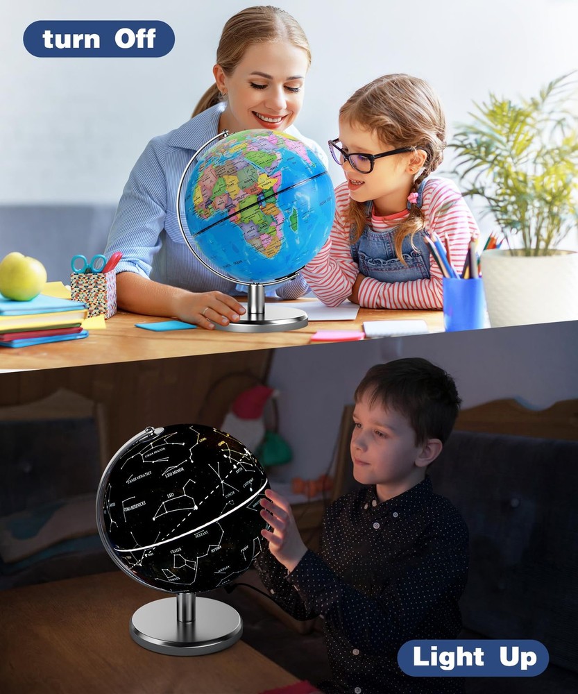 8'' Illuminated World Globe with Constellation Night Light, Educational Light...