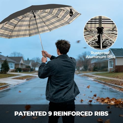 Compact Travel Umbrella, 44" Canopy, Automatic Inverted-Yellow Plaid