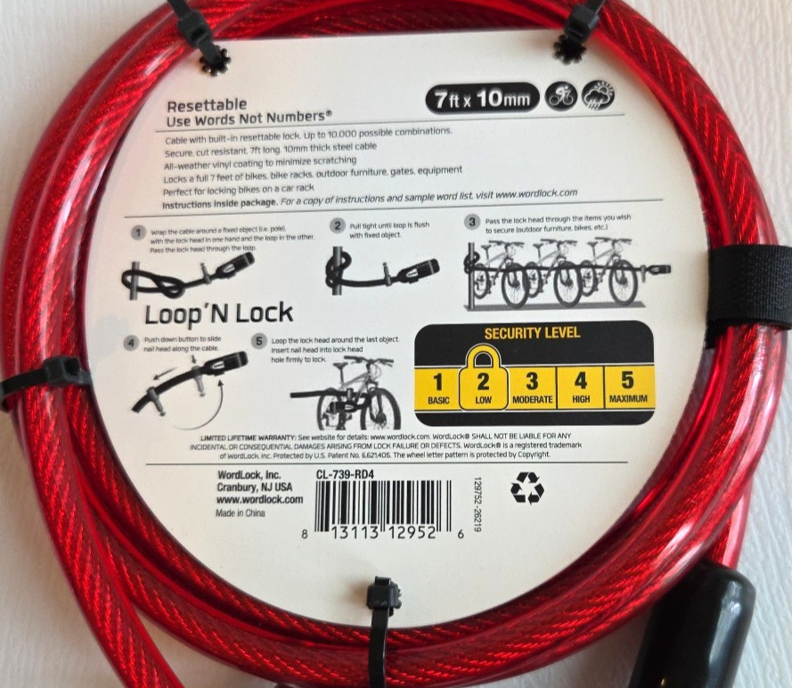 NWT Wordlock Red Resettable Loop N Lock Cable 7ft for Multiple Bikes