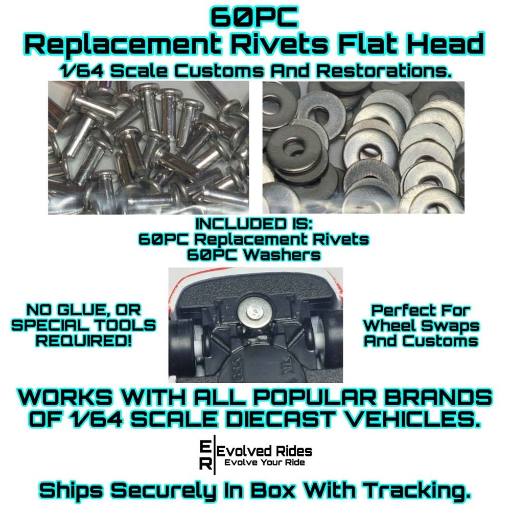 60PC Flat Replacement Rivet For 1/64 Scale Custom Restoration Hot Wheel & Other