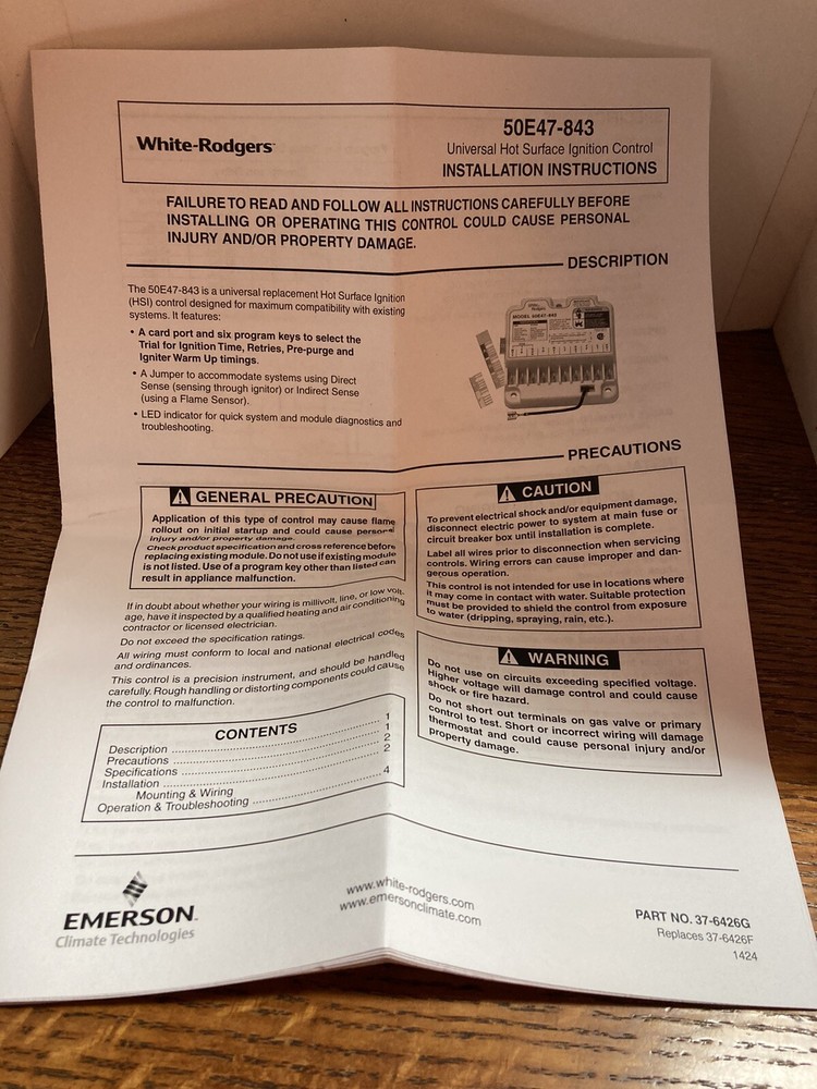 White Rodger’s Universal Hot Surface Ignition Control Installation Instructions