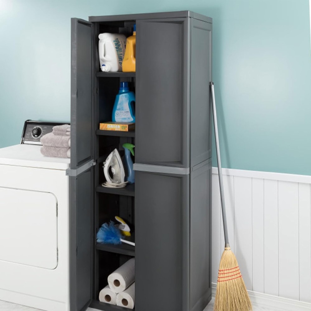 4 Shelf Cabinet Lockable Utility Storage W/ Adjustable Shelves Gray Plastic