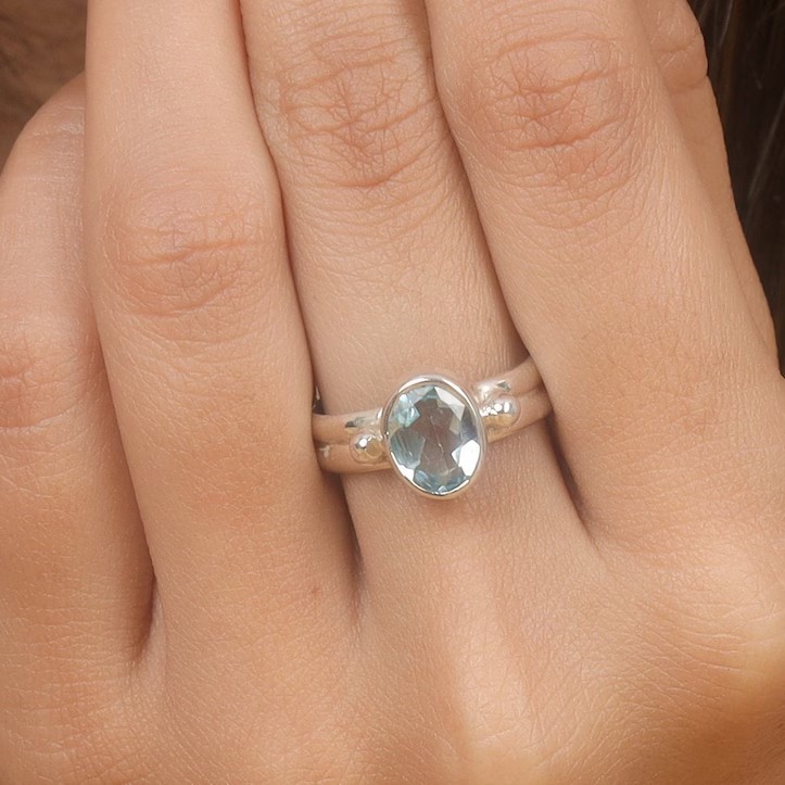 Solid 925 Sterling Silver Natural Aquamarine Oval Gemstone Boho Handmade Ring