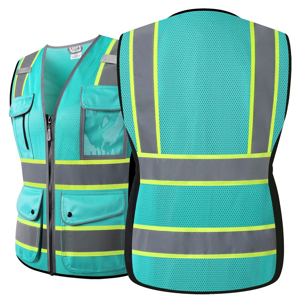High Visibility Reflection Peacock Mesh Safety Vests with 8 Pockets and Front...