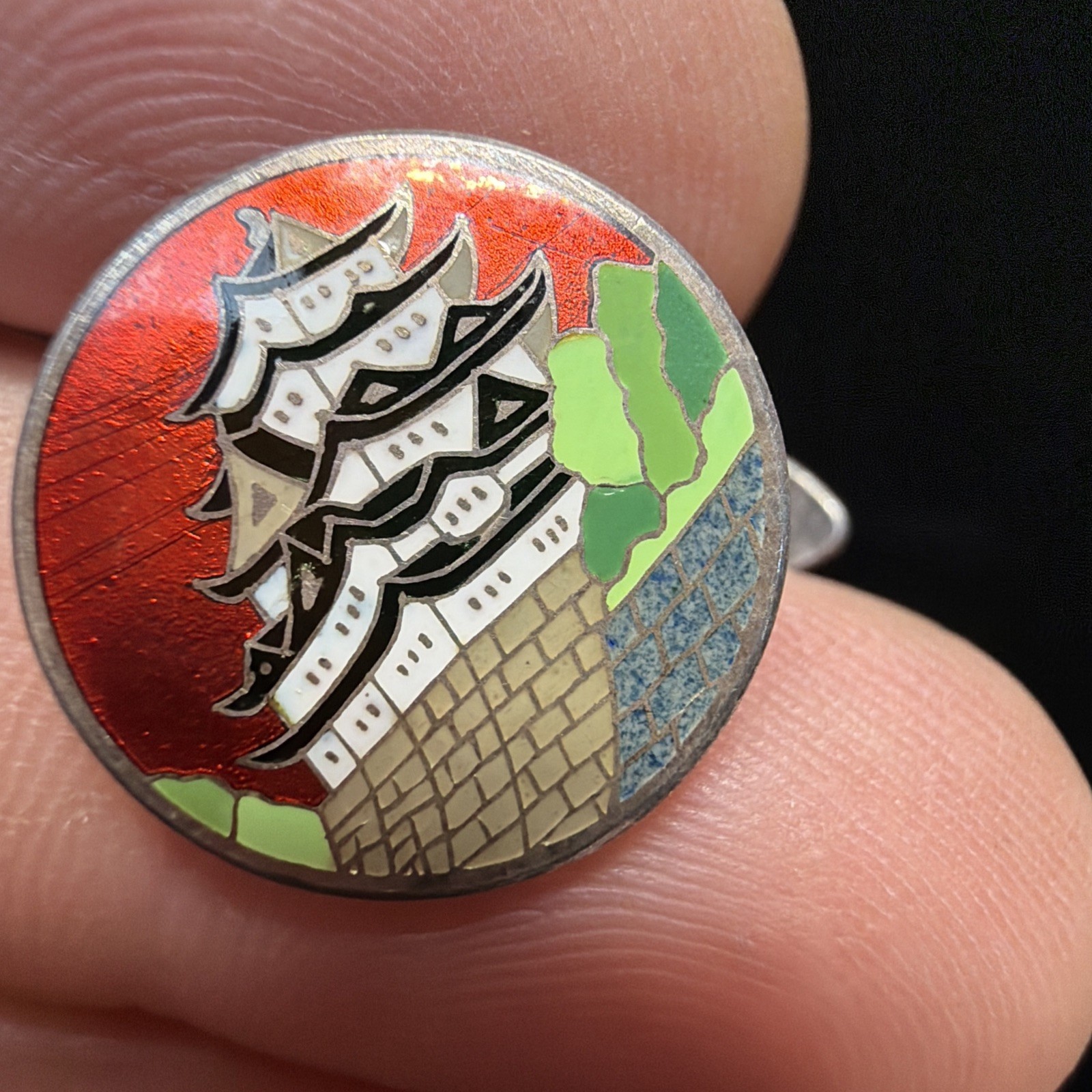 Vintage Japanese Cloisonne Enamel Sterling Silver Cufflinks Red House Palace