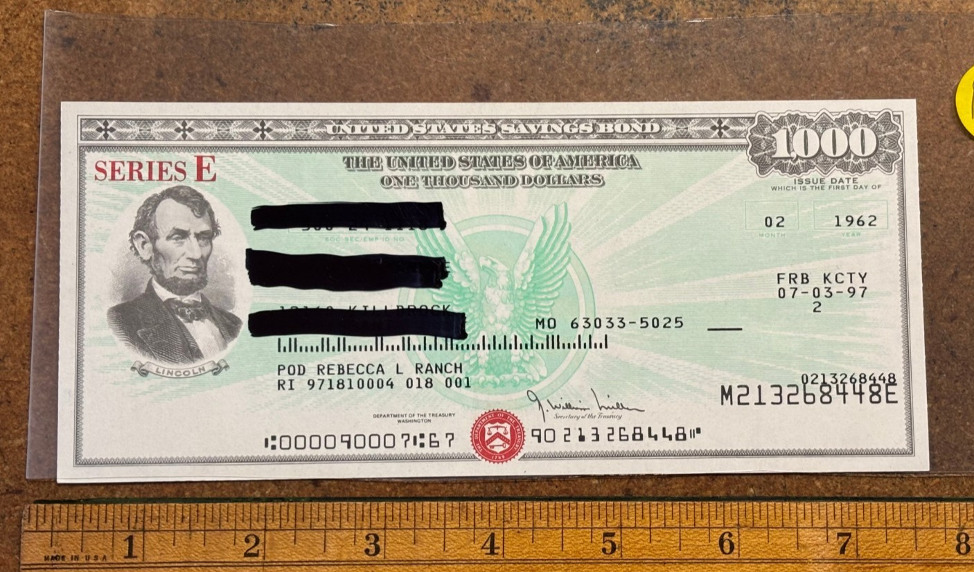 1972 1962 Series E $1000 SAVINGS BOND Abraham Lincoln  Kansas City