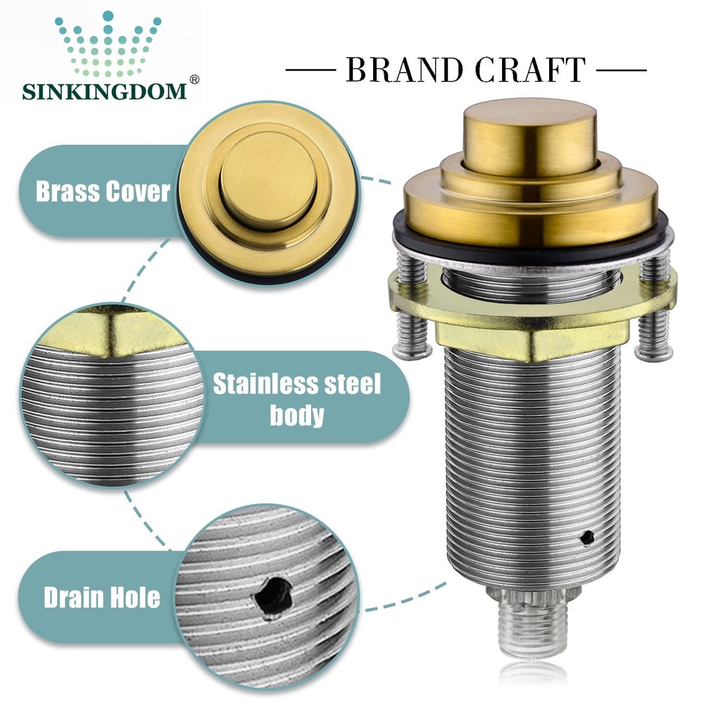 SinkTop Air Switch Kit with Long Button (Full Brass) for Garbage Brass Gold
