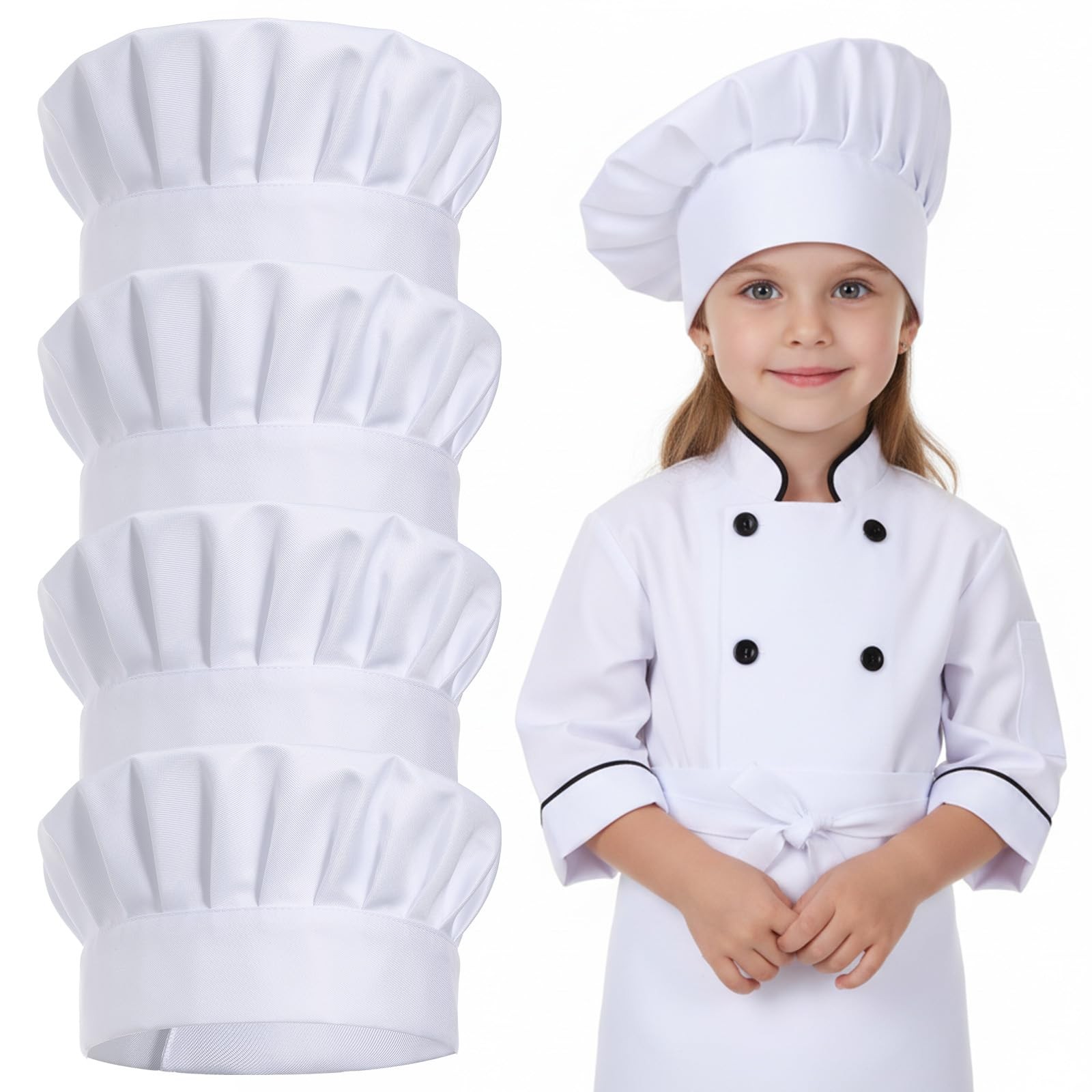 4 Pack Kids Chef Hats Adjustable Elastic White Chef Cap Set