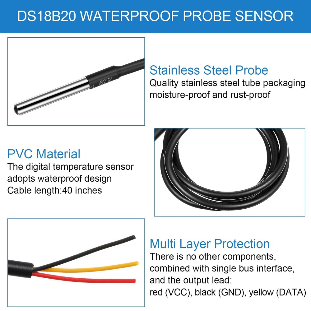 Weewooday 4 Sets DS18B20 Temperature Sensor Module Kit with 1 m/ 3.2 Ft Water...