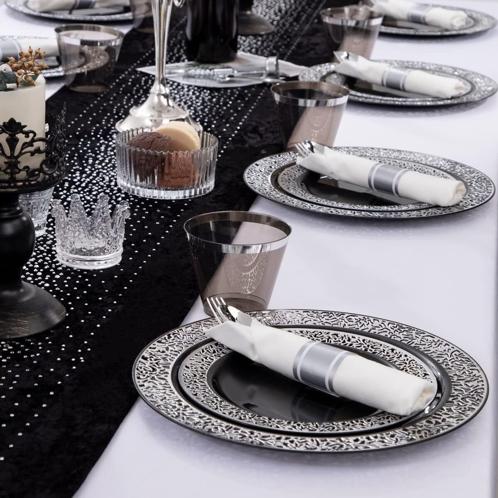 210PCS Silver Plate, Disposable with Plastic Silverware and Silver Cups