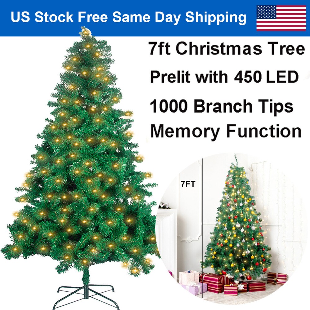 7Ft Pre Lit Artificial Christmas Tree with 450 USB Light Remote 8 Modes 1000 Tip