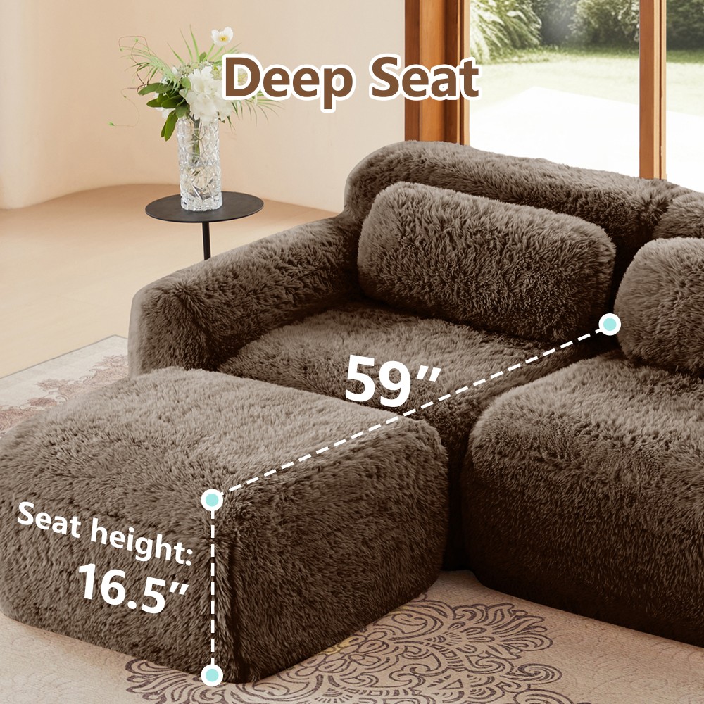 114'' Plush Modular Sectional Sofa w/Ottoman & Pillows - Chocolate