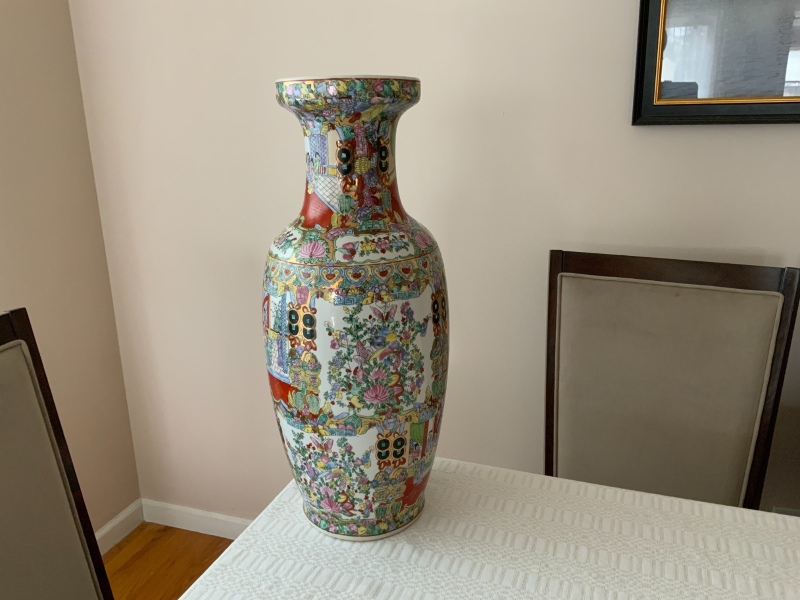 Large 24" Vintage Chinese Polychrome floor vase scenes flowers people