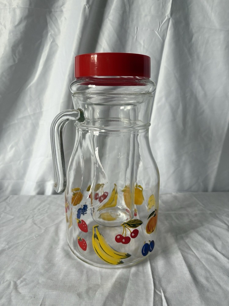 Large Vintage Glass Pitcher with Removable Ice Column | Fruit Pattern