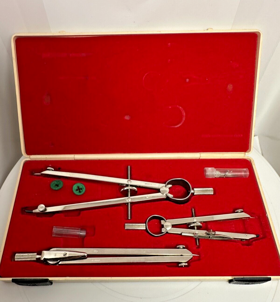 Vintage Keuffel & Esser K&E Drafting Tools Set with Hardshell Case Red Felt