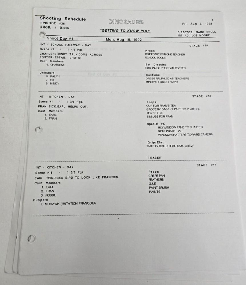 DINOSAURS / Brian LaPan 1992 TV Script, Tim Curry "Getting to Know You"