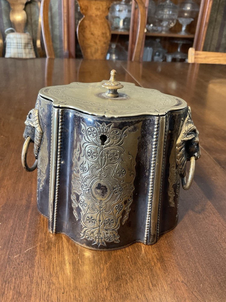 Antique Victorian Silverplate Silver Biscuit Tin / Tea Caddy  Rams Head Etched