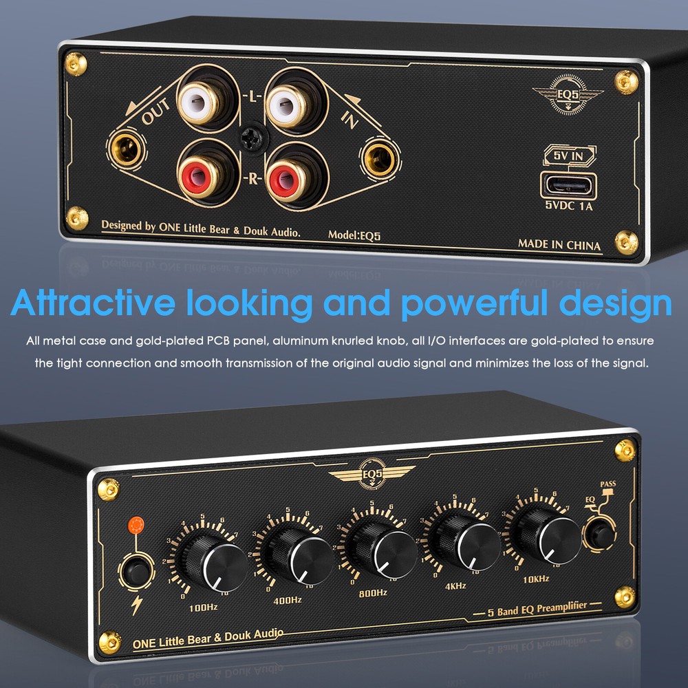Douk Audio EQ5 Mini 5-Band EQ Preamp Equalizer Stereo Home/Car Audio Processor
