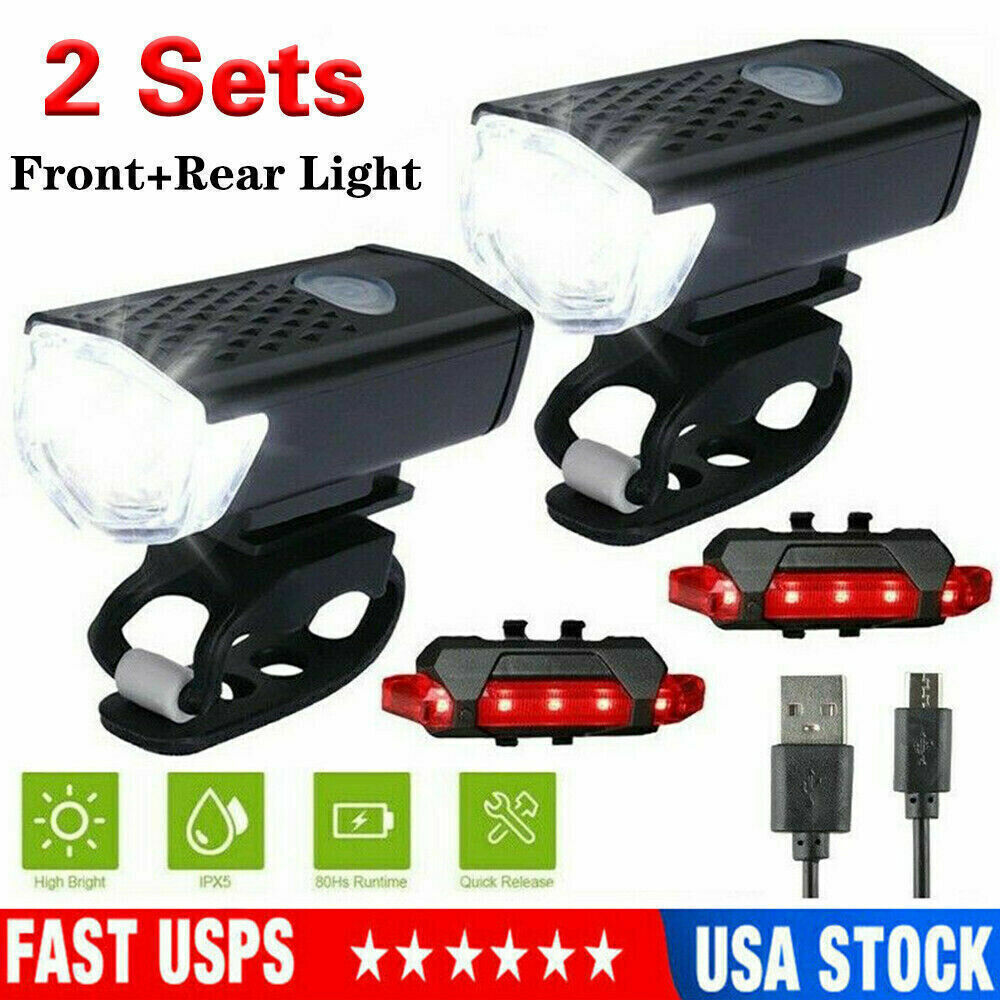 2 Sets USB Rechargeable LED Bicycle Headlight Bike Front Rear Lamp Cycling