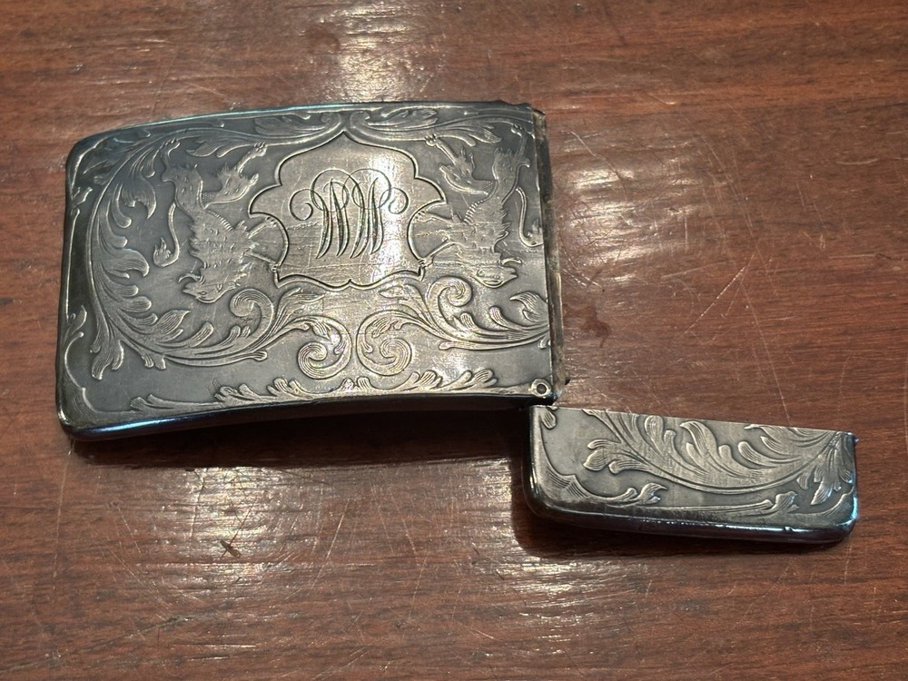 STERLING VICTORIAN CURVED HINGED CALLING CARD CASE W/ ELABORATE ETCHING