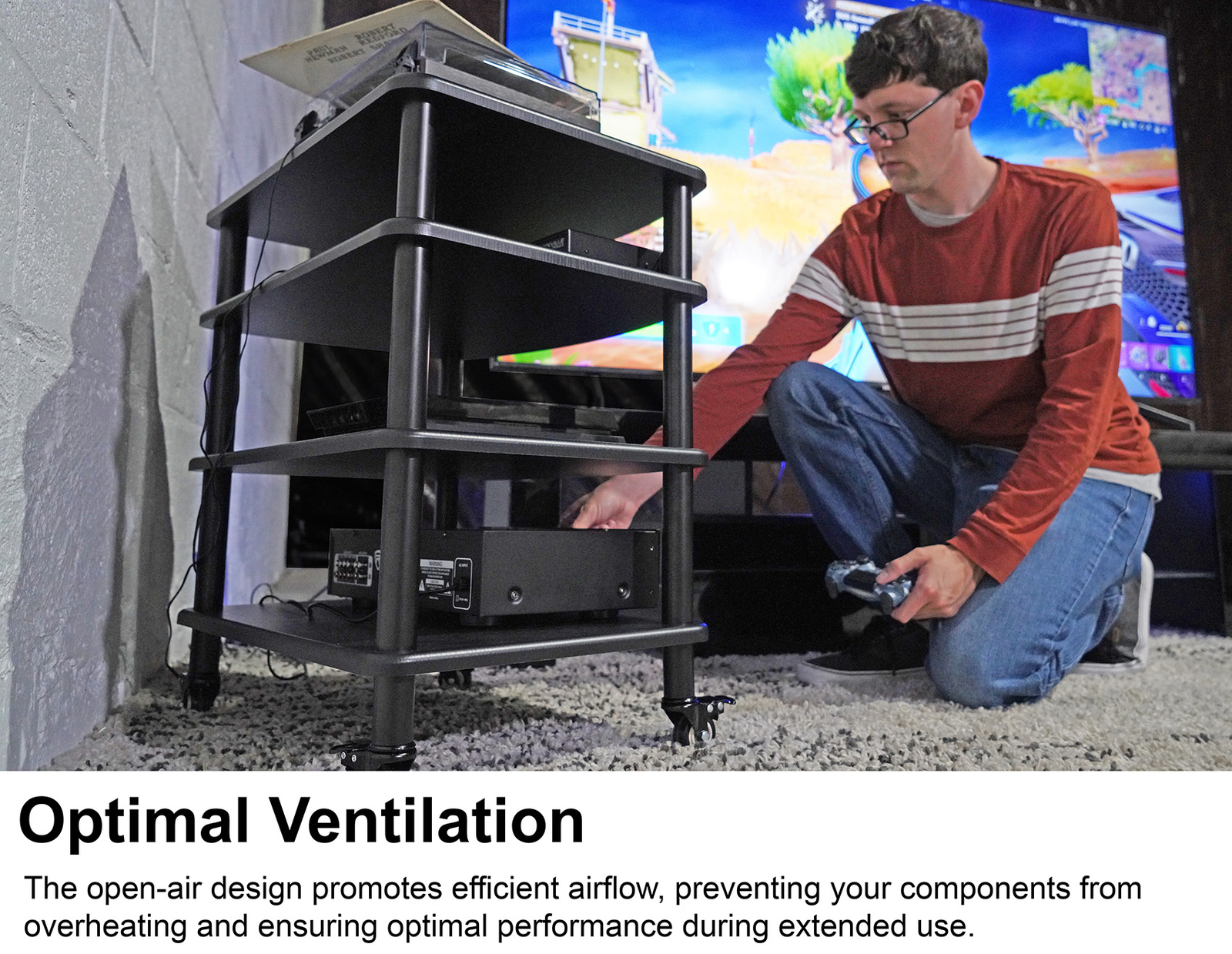 Rockville FLX BLACK Adjustable Height 4 Shelf Home Theater A/V Audio Rack Stand