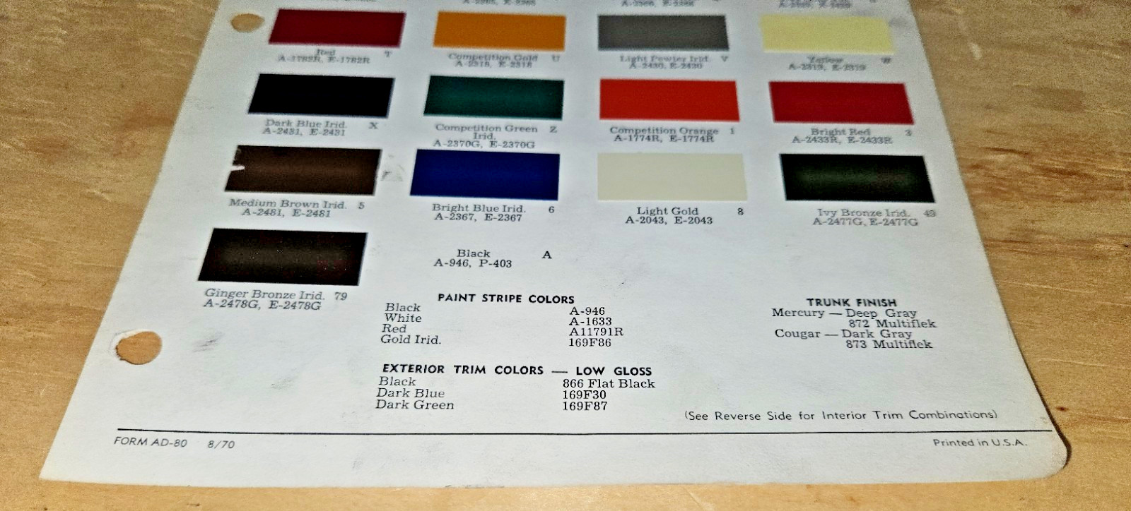 1971 Mercury Color Paint Chips chip codes RM cougar comet marquis montego chips