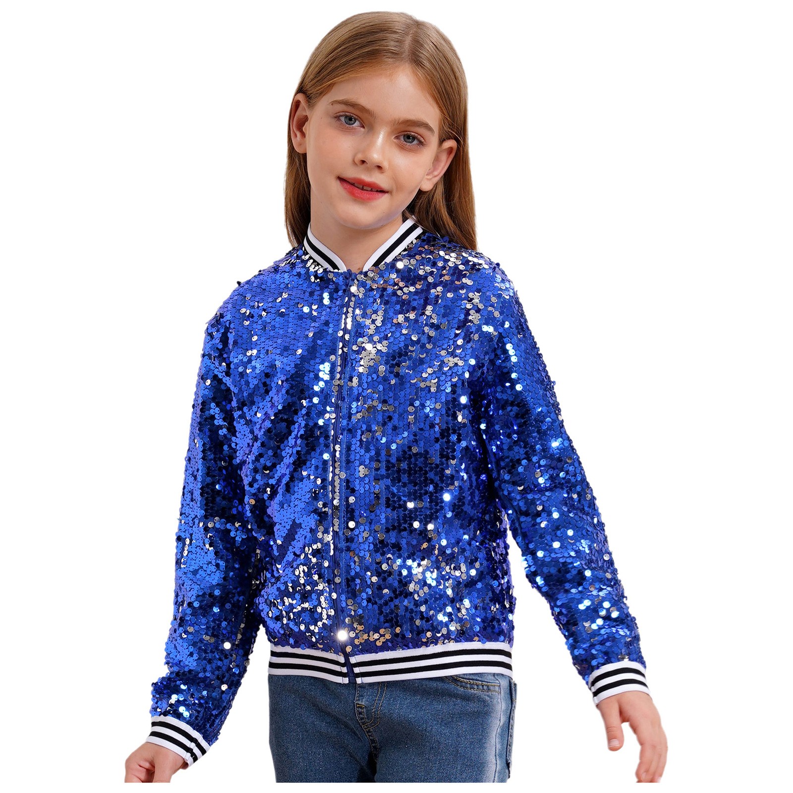 US Kid Girls Baseball Jackets Stylish Coat Street Dancing Outerwear Sequin Shiny