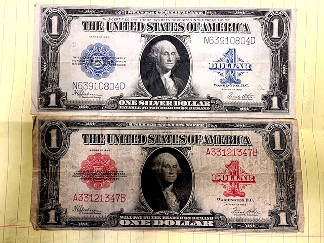 1923 $1 Large Size RED and Blue (2 notes) from Chelsea