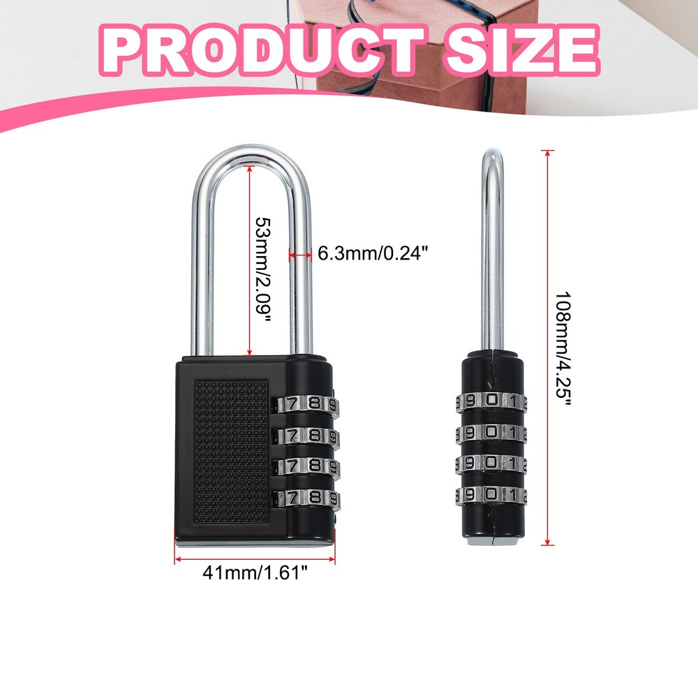 1 Pack Combination Locks Long Shackle 4 Digit Combination Padlock Black