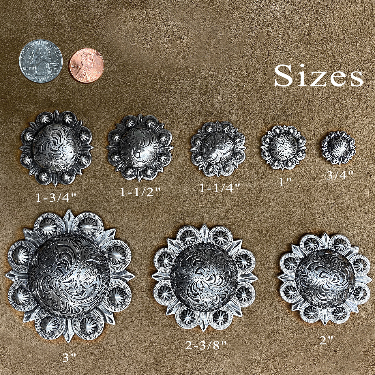 WESTERN SADDLE HORSE TACK ENGRAVED BERRY CONCHOS screw back Multi size