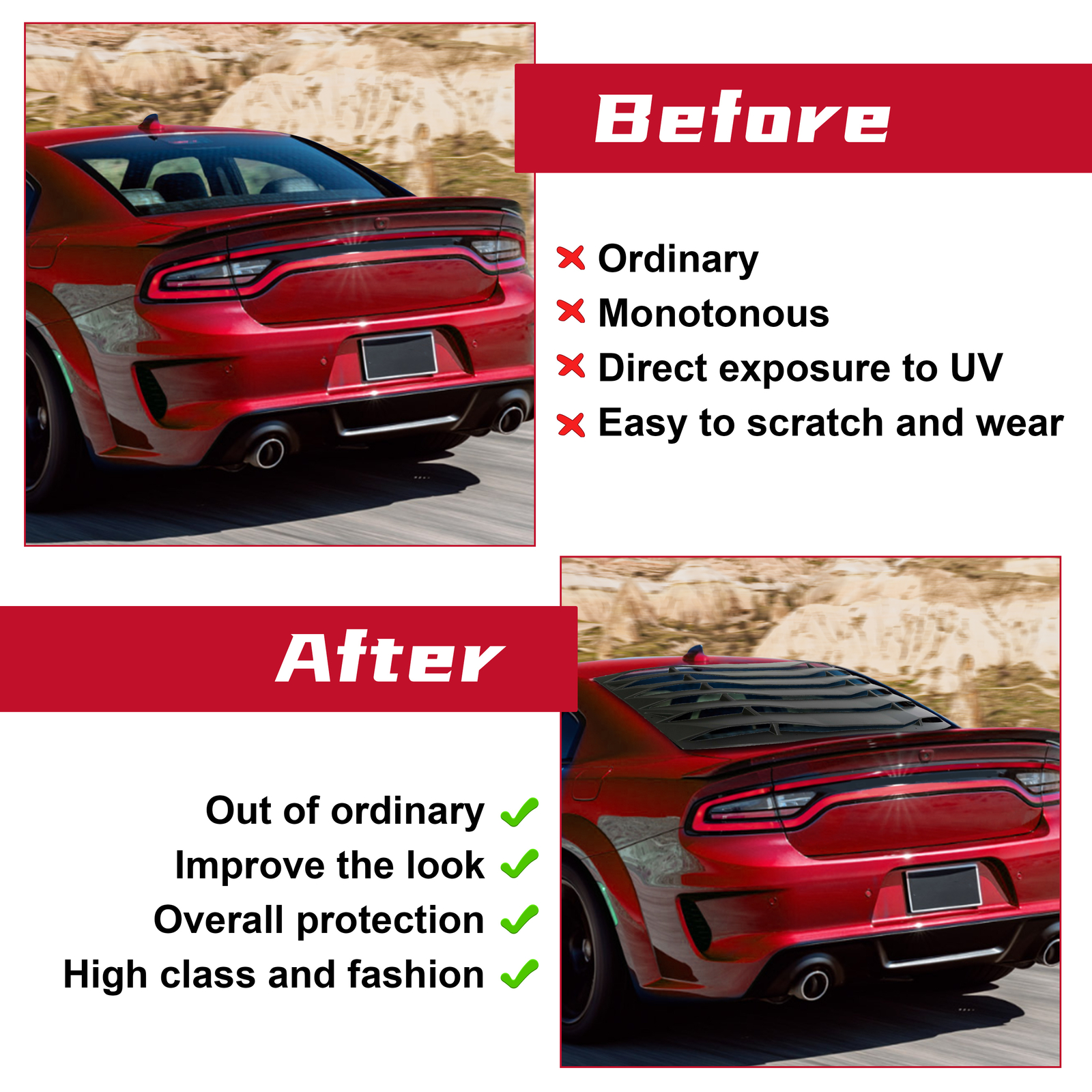 HECASA Rear Window Louver Cover Vent Black ABS For 2011-2023 2020 Dodge Charger