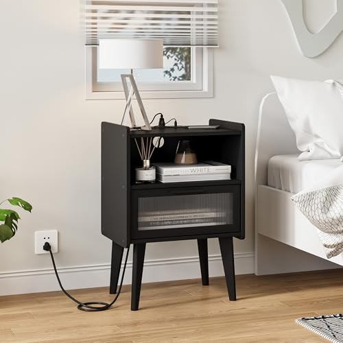 Nightstand with Charging Station, Bedside Tables, End Table Side Table 1 Black
