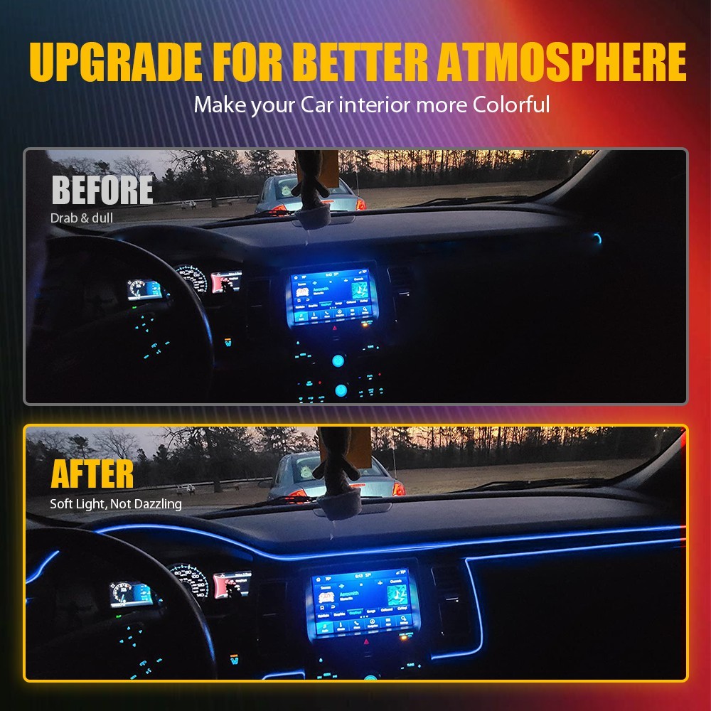 Car Interior Ambient Lighting Kit APP LED Neon Light Trim Glow Optic Fiber Strip