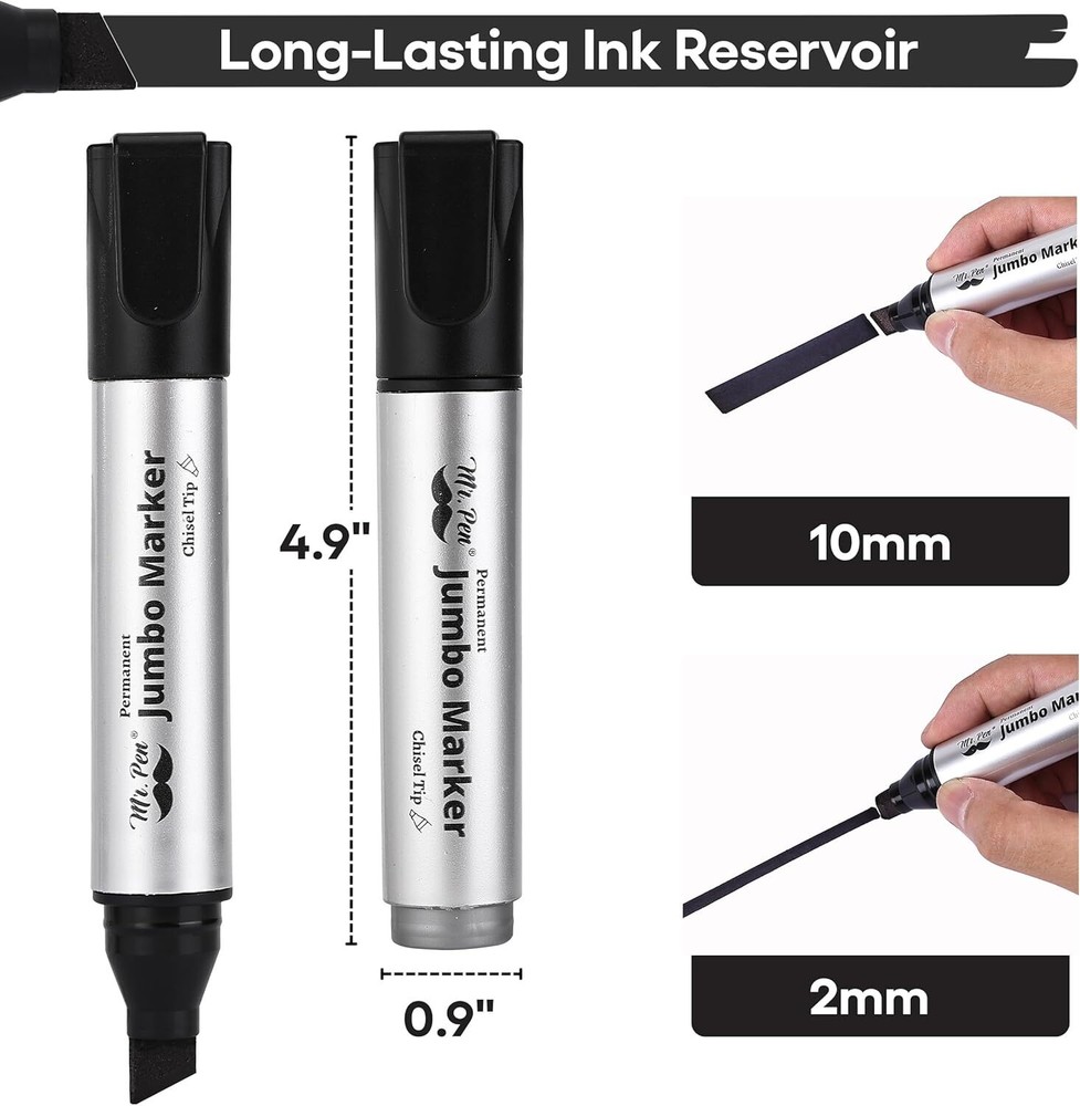 Jumbo Permanent Markers 4 Pack Chisel Tip Black - Thick Wide Tip Large Size